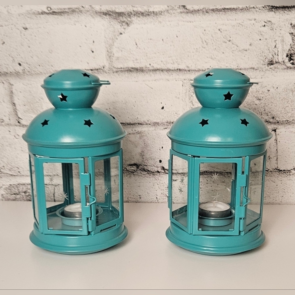 Vintage IKEA 1999 Teal Star Lantern Candle Holders Set of 2 Scandinavian